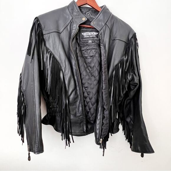 Unik Vintage Biker 80’s Fringe Leather Jacket Black Size M removable liner - Picture 3 of 13